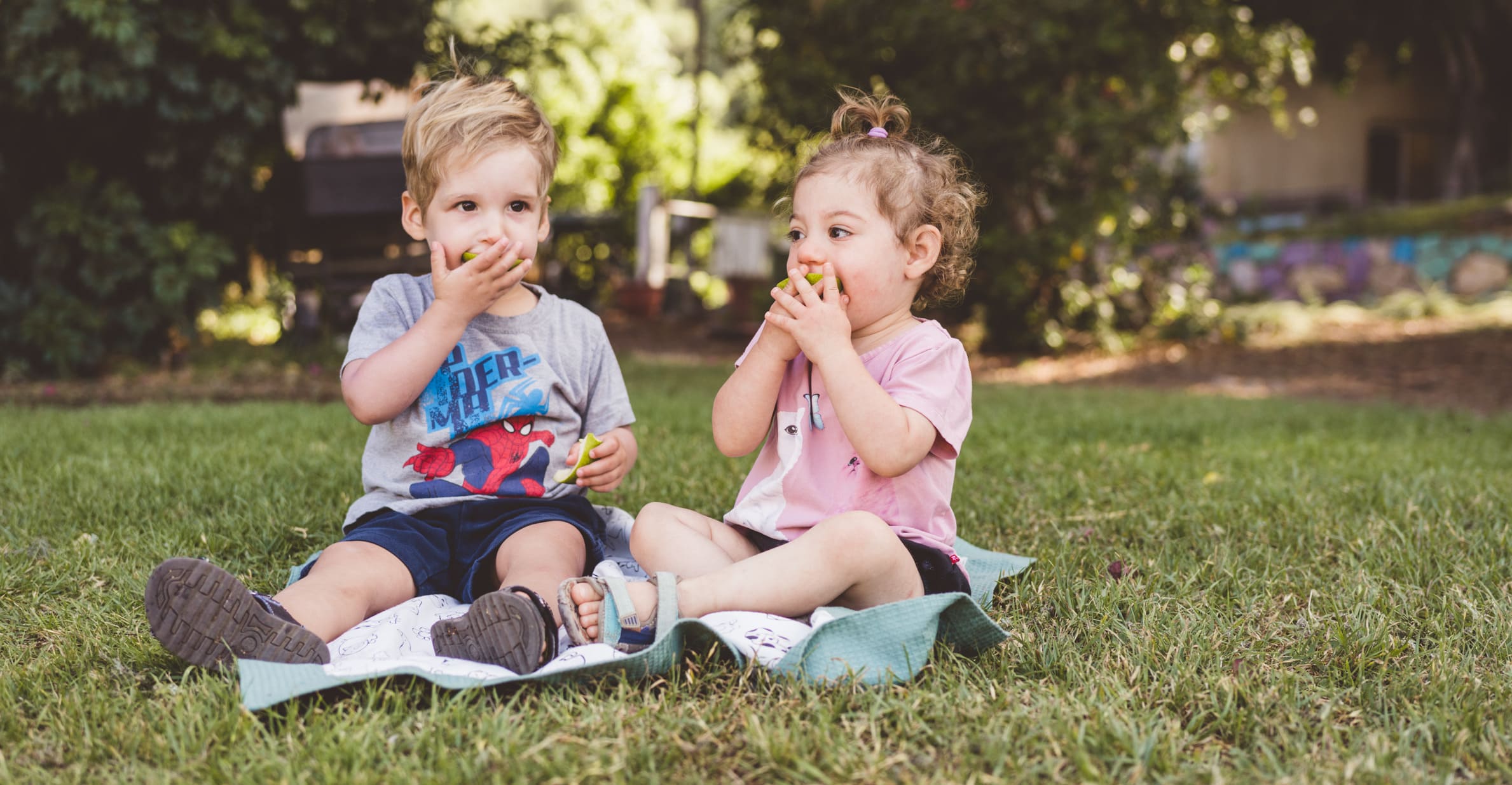 Two toddlers sitting on a lawn eating fruit