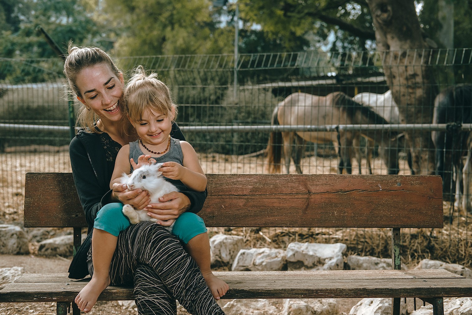 ילדה יושבת על אישה צעירה והן מלטפות ארנבון